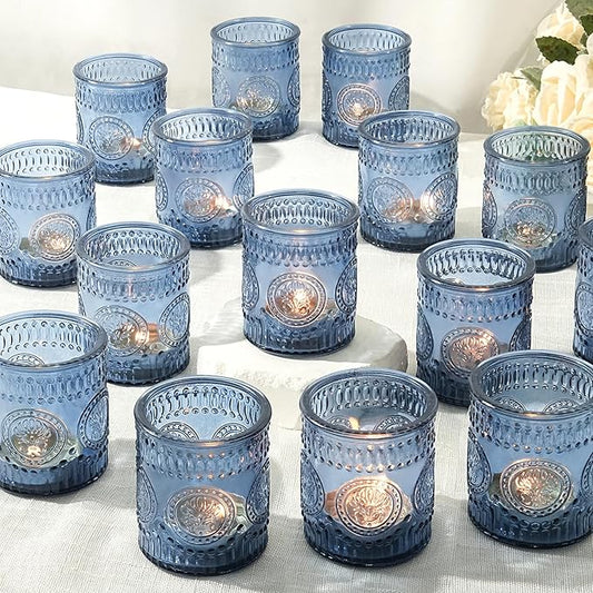 30pcs Votive Candle Holders, 2x2.5inch Blue Glass Tea Light Candle Holder Butterfly Pattern Votives for Wedding, Baby Shower, Party Decor