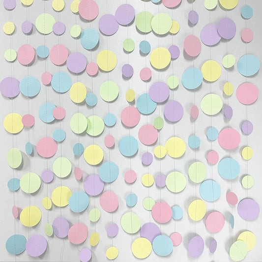 Pastel Party Decorations Blue Purple Pink Yellow Green Circle Dots Garland Hanging Paper Polka Dot Streamer for Birthday Baby Shower Wedding Bridal Shower Macaron Spring Easter Party Supplies