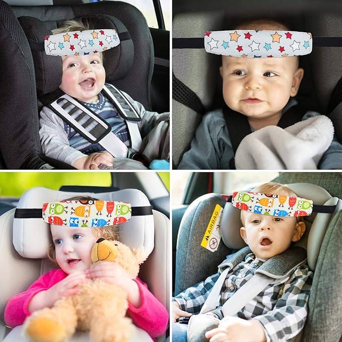 Baby Carseat Head Support,Car seat Straps Pillow Support Ban,Stroller Neck Relief Strap Headrest,Slumber Sling Sleep Positioner for Toddler Infants Child Children Kids(White Stars + Birds)