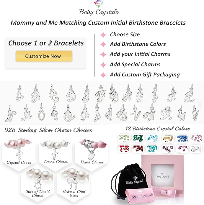 Customized Initial Bracelet for kids, Birthstone Jewelry, Womens Bracelets for Girls, Personalized Baby Gifts, Sterling Silver Alphabet Charms, Newborn, infant, Toddler, Teen, Mother