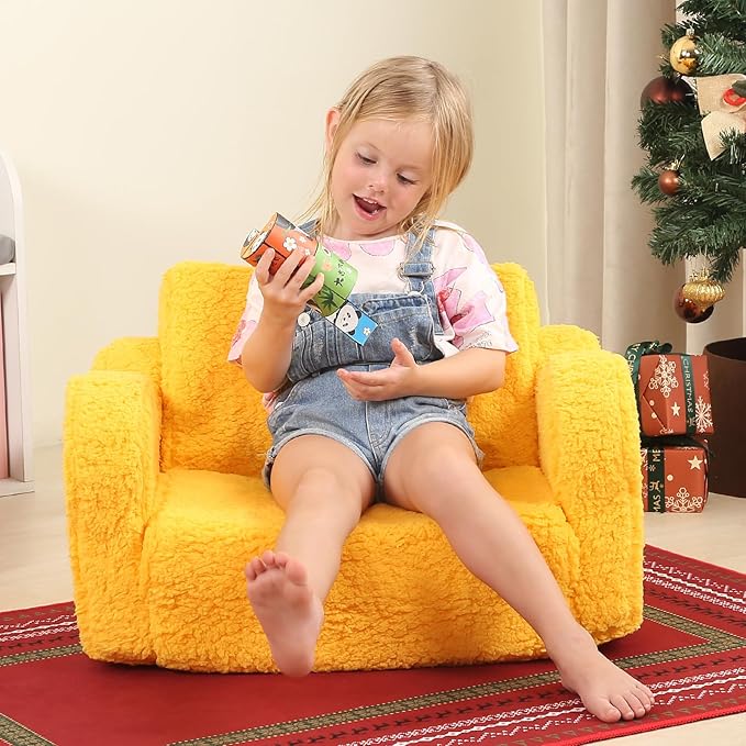Kids Chairs for Toddler, 2-in-1 Toddler Soft Sherpa Couch Fold Out, Convertible Sofa to Lounger for Girls and Boys, Halloween Decor, Yellow
