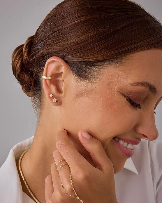 PAVOI 14K Gold Plated Dainty Flat Back Earrings for Women - Hypoallergenic Sterling Silver Posts Helix Cartilage Piercing Jewelry - Emoji Motif Bow Celestial Flatback Gold Stud Earrings Screw Back