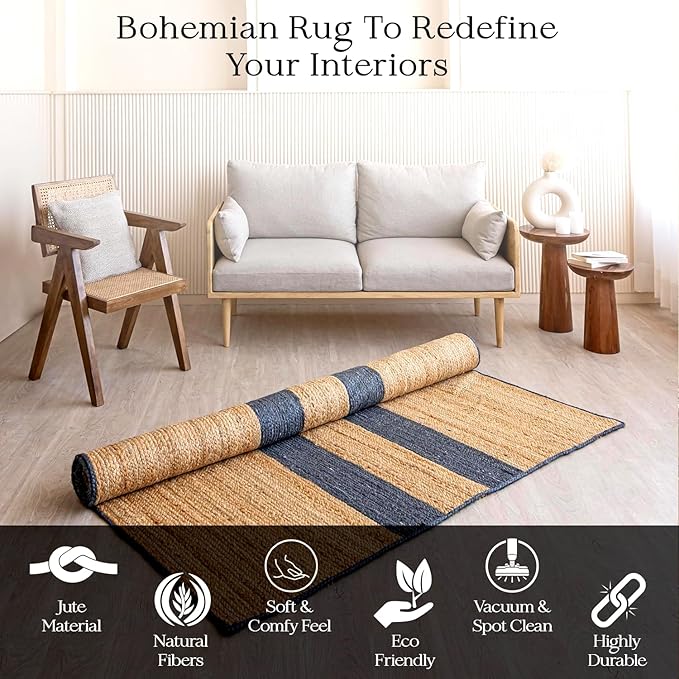 HOMEMONDE Natural Stripe Braided 8'x10' Jute Area Rug - Eco Friendly Premium Fiber - Durable and Reversible Handwoven Farmhouse Rug for Living Room, Hallway, Bedroom, Dinning Room, Kitchen, Office