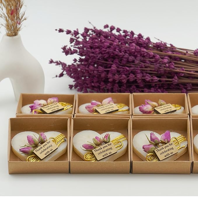 Heart Shaped Soaps 12-Pack, Handmade Scented Mini Soaps for Bridal Shower Party Favors, Wedding, Baby Shower & Engagement Gifts for Guests, Thanks You for Celebrating with Us Wooden Tag