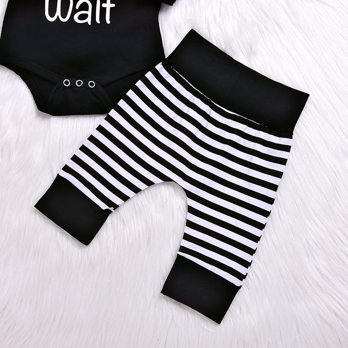 Baby Unisex Worth The Wait Arrow Printed Romper Striped Pant Hat Outfit Clothes (Black, Newborn)