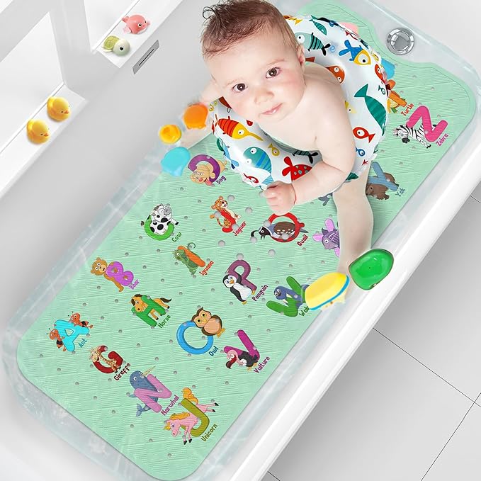 XIYUNTE Baby Bath Mat for Tub Non Slip Kids Bath Mat - 40''x16'' Extra Long Cartoon Baby Bath Tub Mat Eco-Friendly Toddler Bath Mats with Suction Cups, Easy to Clean & Easy Drying, Alphabet(Green)