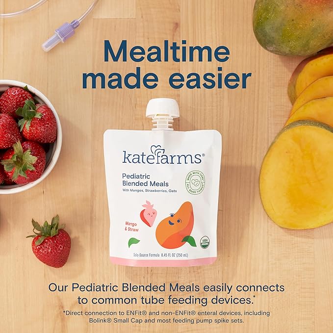 KATE FARMS Organic Pediatric Blended Meal, Mango and Strawberry, 8g protein, organic whole foods, oral or tube feed nutrition, Gluten Free, Non-GMO, 8.45 oz (12 Pack)