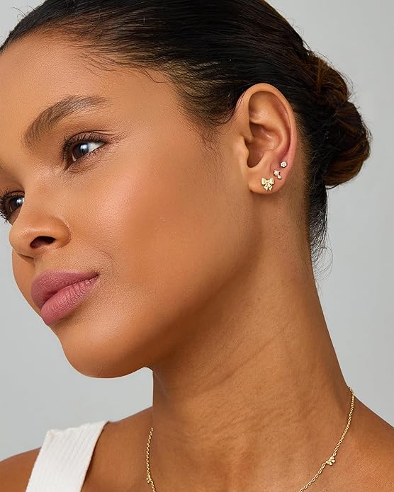 PAVOI 14K Gold Plated Dainty Flat Back Earrings for Women - Hypoallergenic Sterling Silver Posts Helix Cartilage Piercing Jewelry - Emoji Motif Bow Celestial Flatback Gold Stud Earrings Screw Back