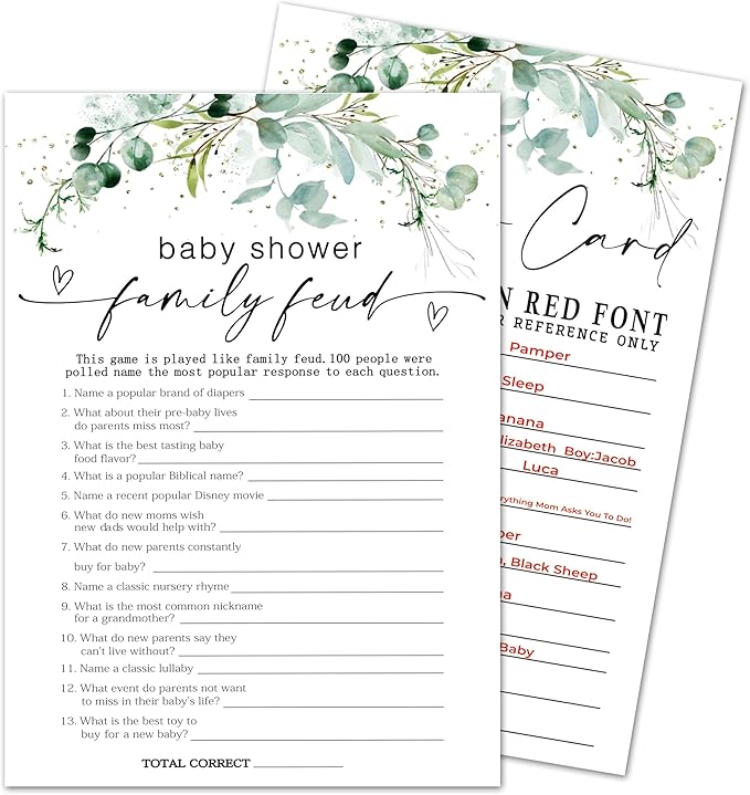 Greenery Baby Shower Game Cards - Set of 30 Family Feud - Double Sided Print Baby Announcement Gender Reveal Game Card for Parents to Be - Baby Shower Party Activities Supplies - A06