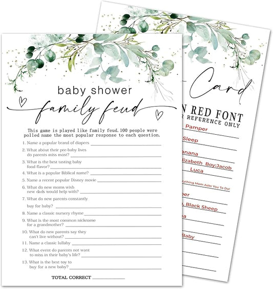 Greenery Baby Shower Game Cards - Set of 30 Family Feud - Double Sided Print Baby Announcement Gender Reveal Game Card for Parents to Be - Baby Shower Party Activities Supplies - A06