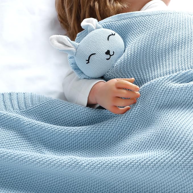 LAWKUL Bunny Lovey Baby Blanket Soft Plush Security Blanket Knit Snuggle Comfort for Newborns Toddlers Boy Girl Blue 40x30in