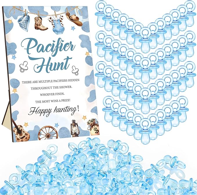 Thyle 51 Pcs Pacifier Hunt Baby Shower Games Include Hunt Sign and 50 Acrylic Pacifiers for Baby Shower Game Decoration Gift Sets Gender Reveal Party Decor(Cowboy)