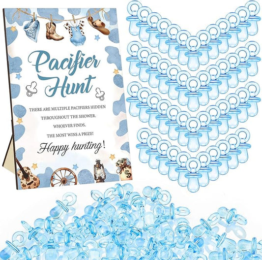 Thyle 51 Pcs Pacifier Hunt Baby Shower Games Include Hunt Sign and 50 Acrylic Pacifiers for Baby Shower Game Decoration Gift Sets Gender Reveal Party Decor(Cowboy)