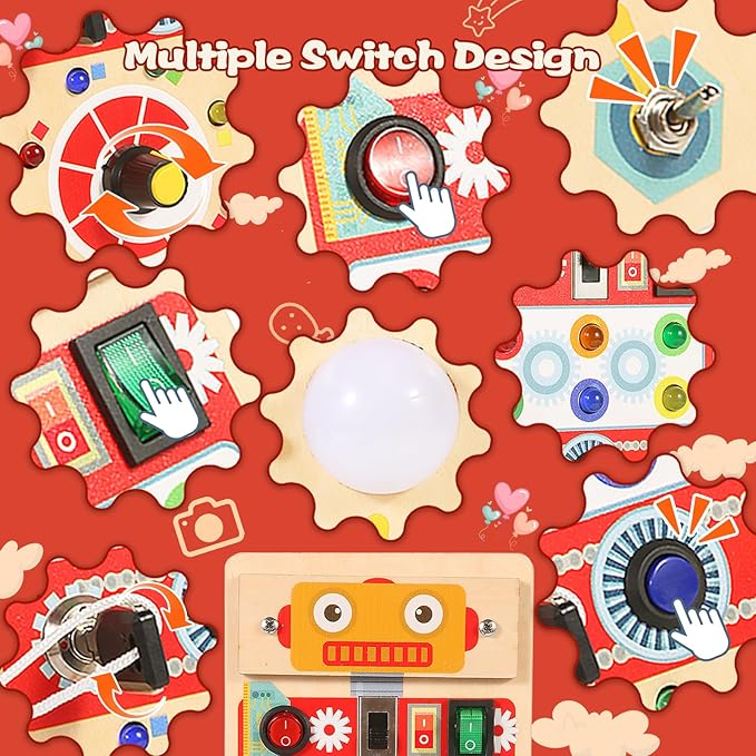Asweets Montessori Wooden Busy Board Toy for Toddler, Red Robot Sensory Board with 8 LED Shape Light Switches, Travel & Gift Toys for Kids, 3.9''L x 2.0''W x 7.5''H