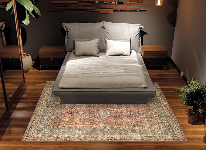 Bloom Rugs Washable Non-Slip 6' x 9' Rug - Terracotta/Mustard Traditional Area Rug for Living Room, Bedroom, Dining Room, and Kitchen - Exact Size: 6' x 9'