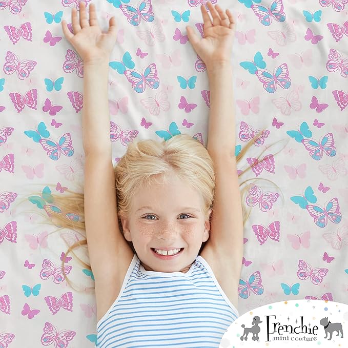 2-Piece Kids Twin Sheets Set, 100% Woven Cotton, Deep Pocket Bed Sheet 39 x 75 x 15in + Pillowcase 20 x 30, Butterfly (White)