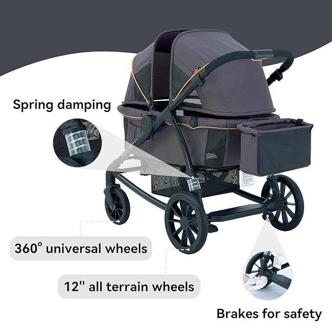 Pamo Babe Double Stroller Tandem Stroller for 2 Kids Push Pull Kids Wagon Adjustable Handle Waterproof and Sunproof Canopies Large Removable Storage Baskets