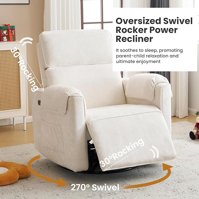 Oversized Power Recliner Chair Swivel Glider with Adjustable Headrest, Swivel Rocking Recliner Chair for Adults, 26" Extra Wide Glider Nursery Chair with Overstuffed Armrest, USB Ports, Cream