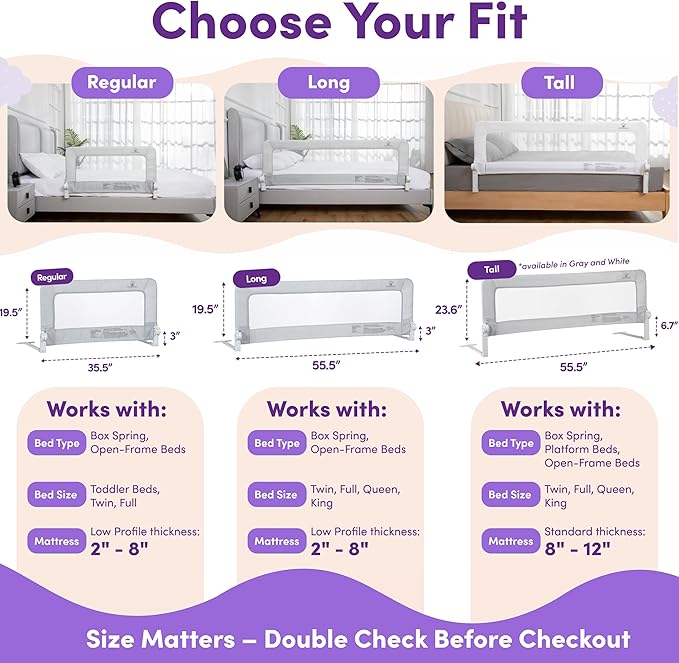 ComfyBumpy 1-Pack Bed Rail for Toddlers 55.5" L x 23.5" H | Extra Tall Toddler Bed Rails for Twin, Full, Queen & King Mattress Size | Swing Down Rail Guard | Mattress Side Rail for Kids | White