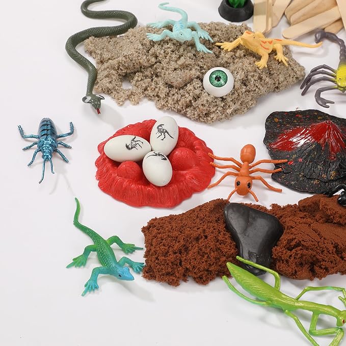 Insects and Reptiles Putty Explorers Educational Sensory Kit Wooden Play Box Bugs Snakes Science Life Moldable Sand Kit STEM Educational Toys Science Teacher Classroom Gifts Lizards Volcano Easter