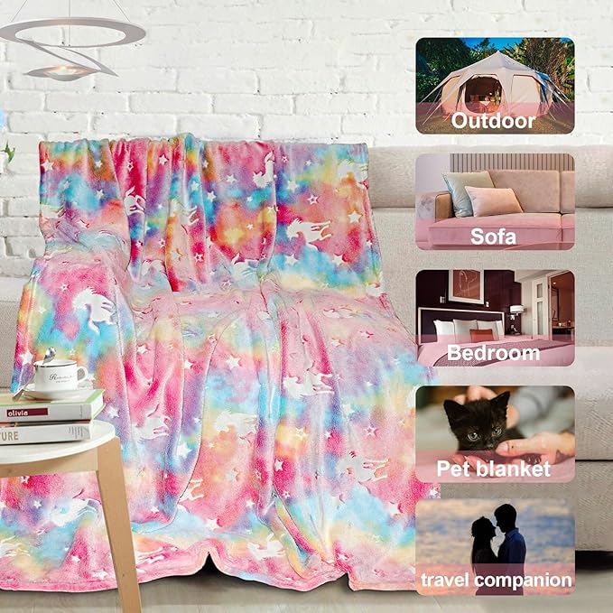 TEHALK Personalized Unicorn Blanket for Girls, Glow in The Dark, Kids Throw Blanket, 30"x40", Pink