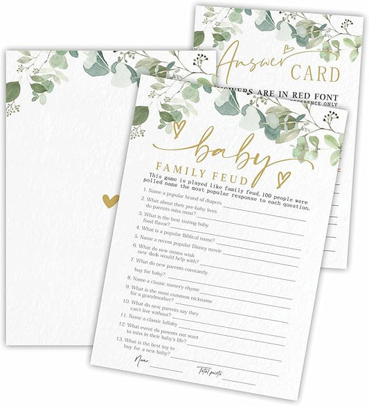 Baby Family Feud Baby Shower Game Cards - Golden Greenery - 30 Double-Sided Fill In Style Game Cards With Answer Card, Gender Reveal, Baby Announcement, Party Games & Activity - D12