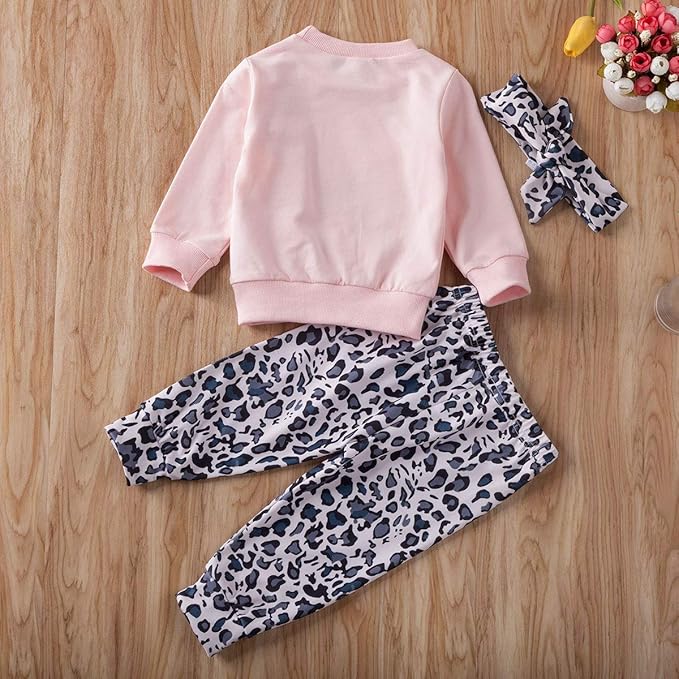 Madjtlqy Newborn Baby Girls Clothes Daddy Saying Top Printed T-Shirt Leopard Pants+Headband Sweatshirt Outfit Set