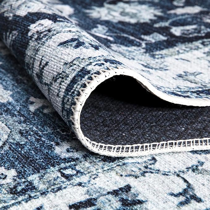 Bloom Rugs Washable Non-Slip 7 ft Runner - Dark Blue Traditional Bordered Runner for Entryway, Hallway, Bathroom, and Kitchen - Exact Size: 2.5' x 7'