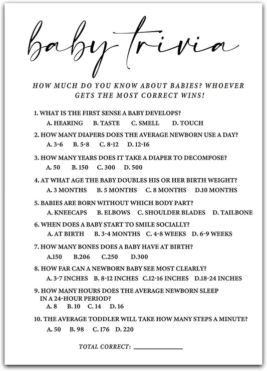 ZIIUFRN Baby Shower Games(5" X 7"), 30 Sets Modern Black and White Baby Trivia Game Cards with Answer Card, Boy Girl Gender Neutral Baby Shower Supplies-B09