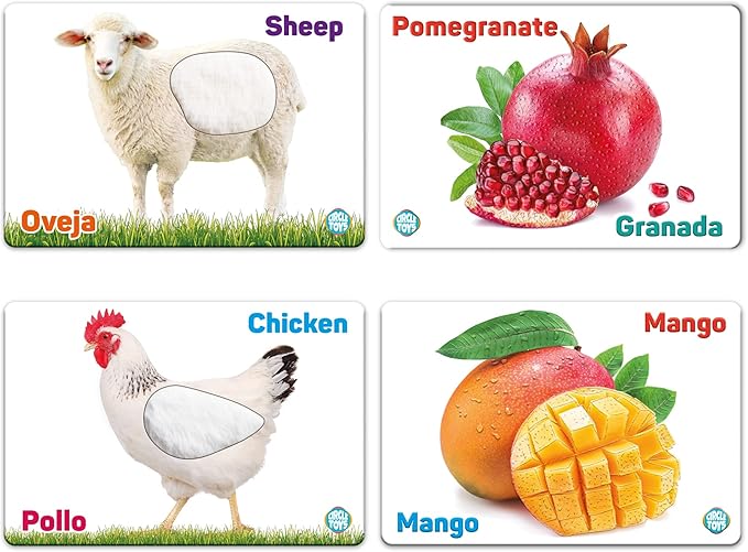 My Touch and Feel English Spanish Bilingual Picture Double Sided Sensory Flash Cards for Infant, Toddlers, Kids, Learn Animals, Fruits, and Vehicles, Fun Learning and Educational Flashcards