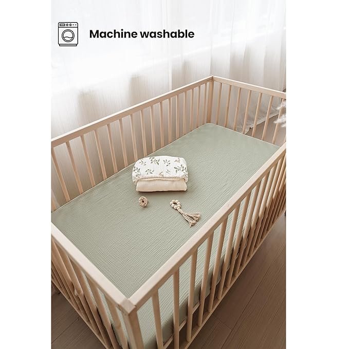 Konssy Muslin Crib Sheets 2 PCS, 100% Cotton Baby Crib Sheets for Standard Crib Mattress (28"x 52"), Soft and Breathable for Boys, Girls (Rabbit,Fog Green)
