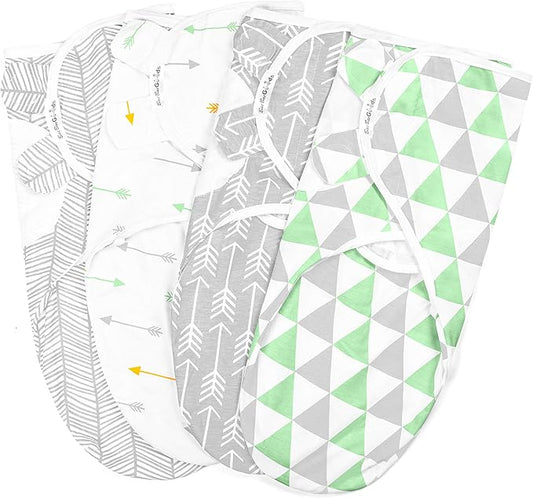 BaeBae Goods Swaddle Blanket, Adjustable Infant Baby Swaddling Wrap Set of 4, Baby Swaddling Wrap Blankets for Boys and Girls Made in Soft Cotton (0-3 Months, Green/Grey Triangles)
