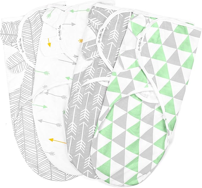 BaeBae Goods Swaddle Blanket, Adjustable Infant Baby Swaddling Wrap Set of 4, Baby Swaddling Wrap Blankets for Boys and Girls Made in Soft Cotton (Green/Grey Triangles, 3-6 Months)