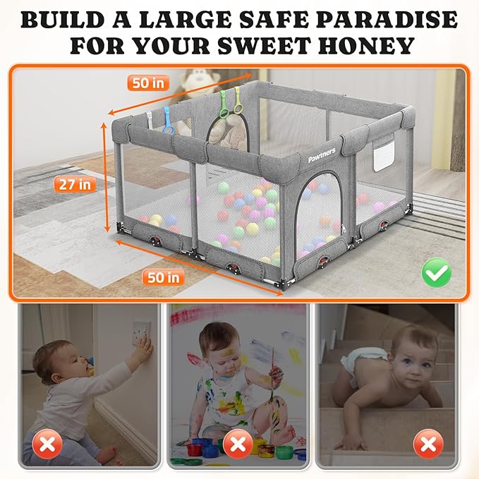 Foldable Playpen for Babies and Toddlers: 50" L x 50" W x 27" H, Large Kids Play Yard With Mat, Portable Indoor Play Area, Baby Gate With 50PCS Ocean Ball, 4 Handles