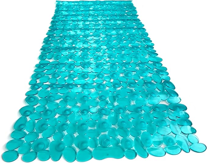 “Pebbles” Non-Slip Bathtub/Shower Mat 35"x16" Rectangular, Non-Toxic, Safe, Clean, Machine-Washable, Superior Grip & Drainage, Vinyl, for Smooth Floors ONLY, Transparent Turquoise