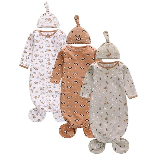 Miracle Baby Newborn Knotted Nightgown Long Sleeve with Matching Hat Set 3 Pack, Unisex Baby Sleeper Gowns Coming Home Outfits Set with Mitten Cuffs for Boys Girls 3-6 Months