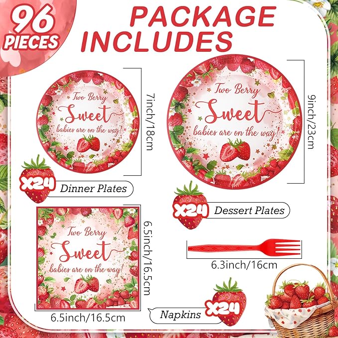 Zhehao 96 Pcs Twins Baby Shower Decorations Supplies Twins Cuties Baby Shower Tableware Set Eucalyptus Leaf Orange Strawberry Themed Plates Napkins Forks for 24 Guests (Strawberry)