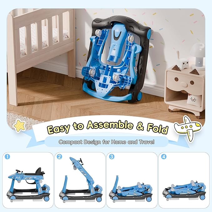 Xilingol 6-in-1 Baby Walker with Wheels, Adjustable Height & Speed Activity Walker with Padded Seat, Foldable Walker for Babies, Toddler Push Walkers for Boy & Girl 6-18 Months, Music & Light