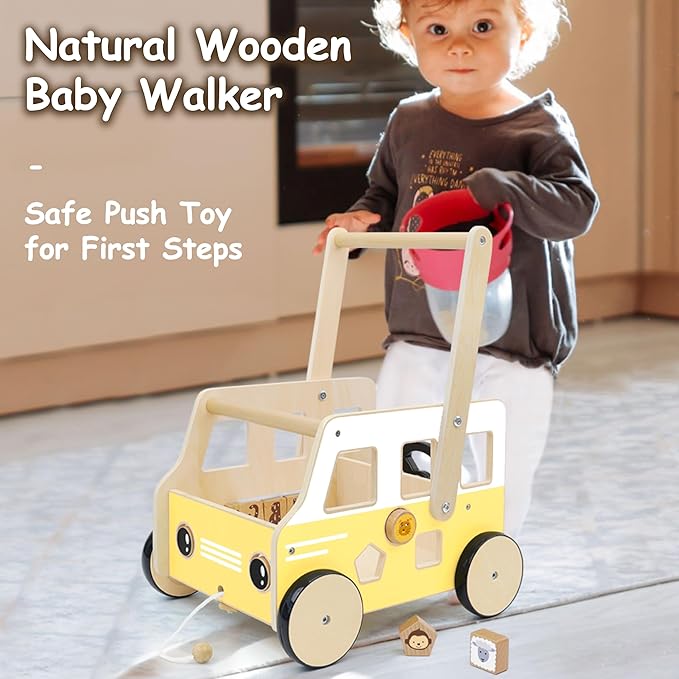 Wooden Baby Push Walker – Montessori Walker & Activity Push Toy with Steering Wheel + Rotating Headlights | Balance Trainer for Toddlers 1‑3 Years