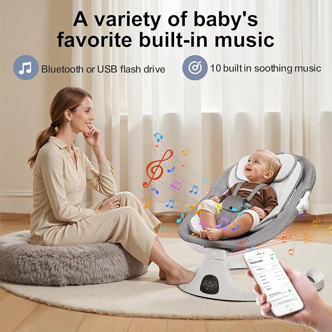 Baby Swing 3 in 1 Multifunctional Infant Rocker, Portable with Remote Control, 5-Point Seat Belt, 5 Auto Rocking, 3 Speed Timer, Electric with Music and Bluetooth (0-12 Months) (Grey)