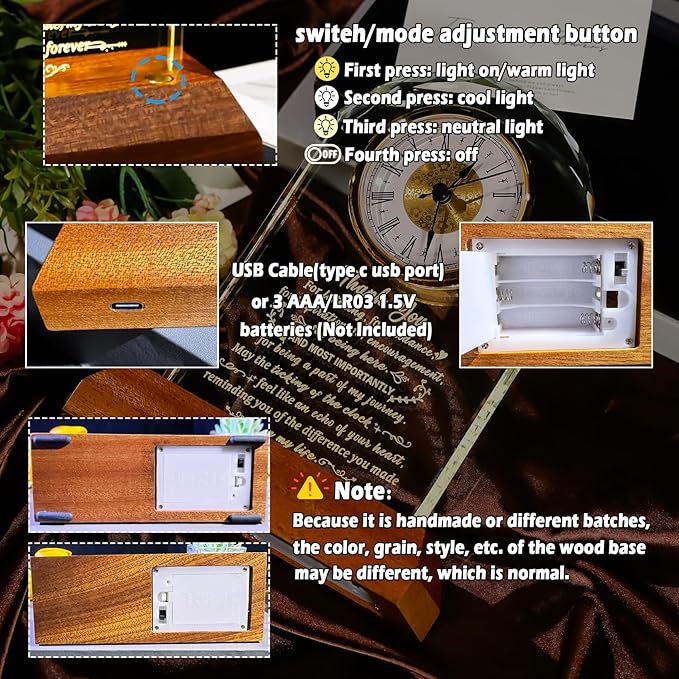 Thank You Gifts for Women Men, Appreciation Clock Gift for Coworkers Friends Teachers with Wooden Light Base, Inspirational Presents for Family Office Desk Clock Decor