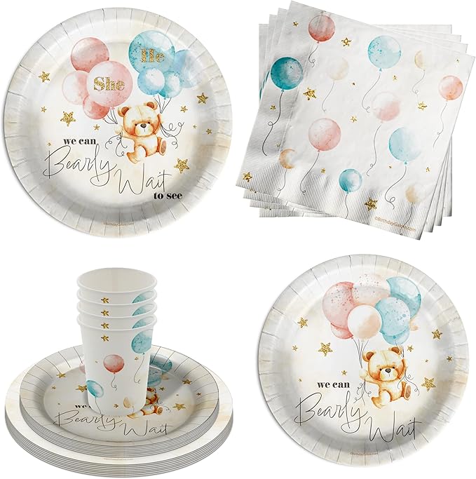 Birthday Galore We Can Bearly Wait Teddy Bear Gender Reveal Party Supplies - 64 Piece Gender Reveal Tableware Set Includes Large 9" Dinner Plates and 8" Dessert Paper Plates Napkins Cups - Kit for 16