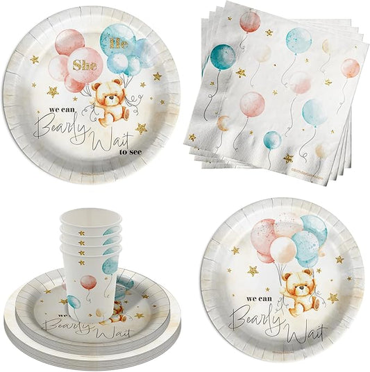 Birthday Galore We Can Bearly Wait Teddy Bear Gender Reveal Party Supplies - 64 Piece Gender Reveal Tableware Set Includes Large 9" Dinner Plates and 8" Dessert Paper Plates Napkins Cups - Kit for 16
