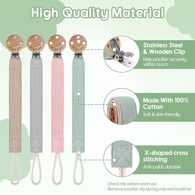 TYRY.HU Ribbon Pacifier Clip Holder,4 Pack Binky Paci Holder Clips, Pacifier Leash for Boys and Girls, Soft Webbing Strap Universal Fits for Most Pacifier, Styles & Teethers(Khaki,Grey,Green,Pink)