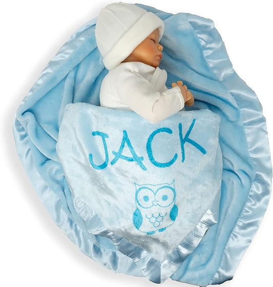 Custom Catch Personalized Owl Baby Blanket Gift for Boy - Infant or Newborn Name (1 Line of Text)