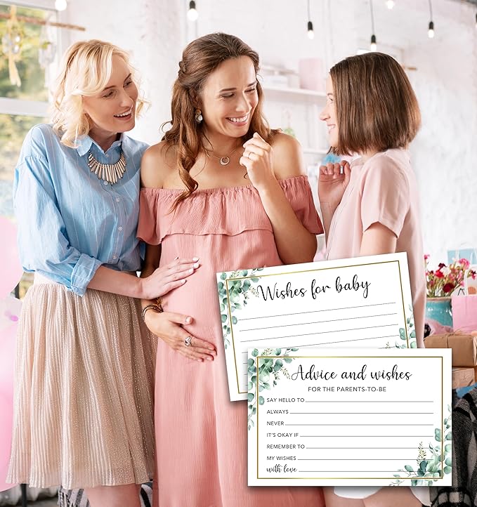 Baby Shower Advice and Wishes Cards for The Parents To Be, 50Pcs Advice Cards With Box for Baby Shower Games Party Decorations, Wishes for New Parents Mommy & Daddy(Greenery) -A03