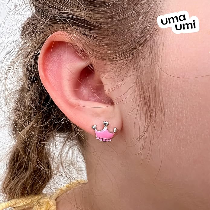 925 Sterling Silver Crown Pink Stud Earrings for Girls Hypoallergenic Safety Screw Back Rhodium Plated - Crown Pink Gifts Earrings for Baby Toddlers Little Teens Kids Jewelry