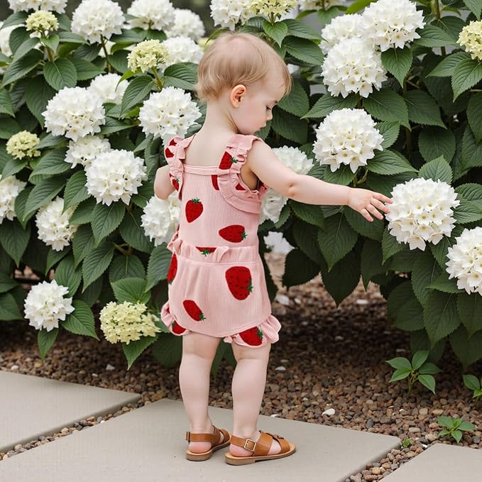Kaipiclos Cherry Baby Outfit Newborn Infant Girl Clothes Rib Knit Romper & Shorts Waffled Baby Clothes for Girls 0 3 6 12 18M