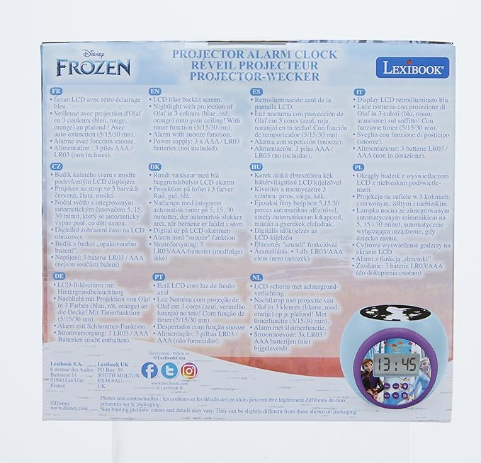 LEXIBOOK, Projector Clock Disney Frozen 2 Anna Elsa with Snooze Alarm Function, Night Light with Timer, LCD Screen, Battery Operated, Blue/Purple, RL977FZ