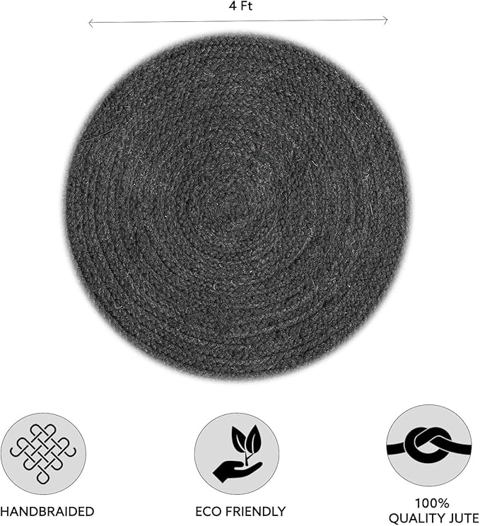 HOMEMONDE Handwoven Round Jute Rug - 4 feet Natural Yarn Loom Braided Rugs - Eco-Friendly Boho Farmhouse Reversible Design for Bedroom, Living Room, Dining Room and Kitchen